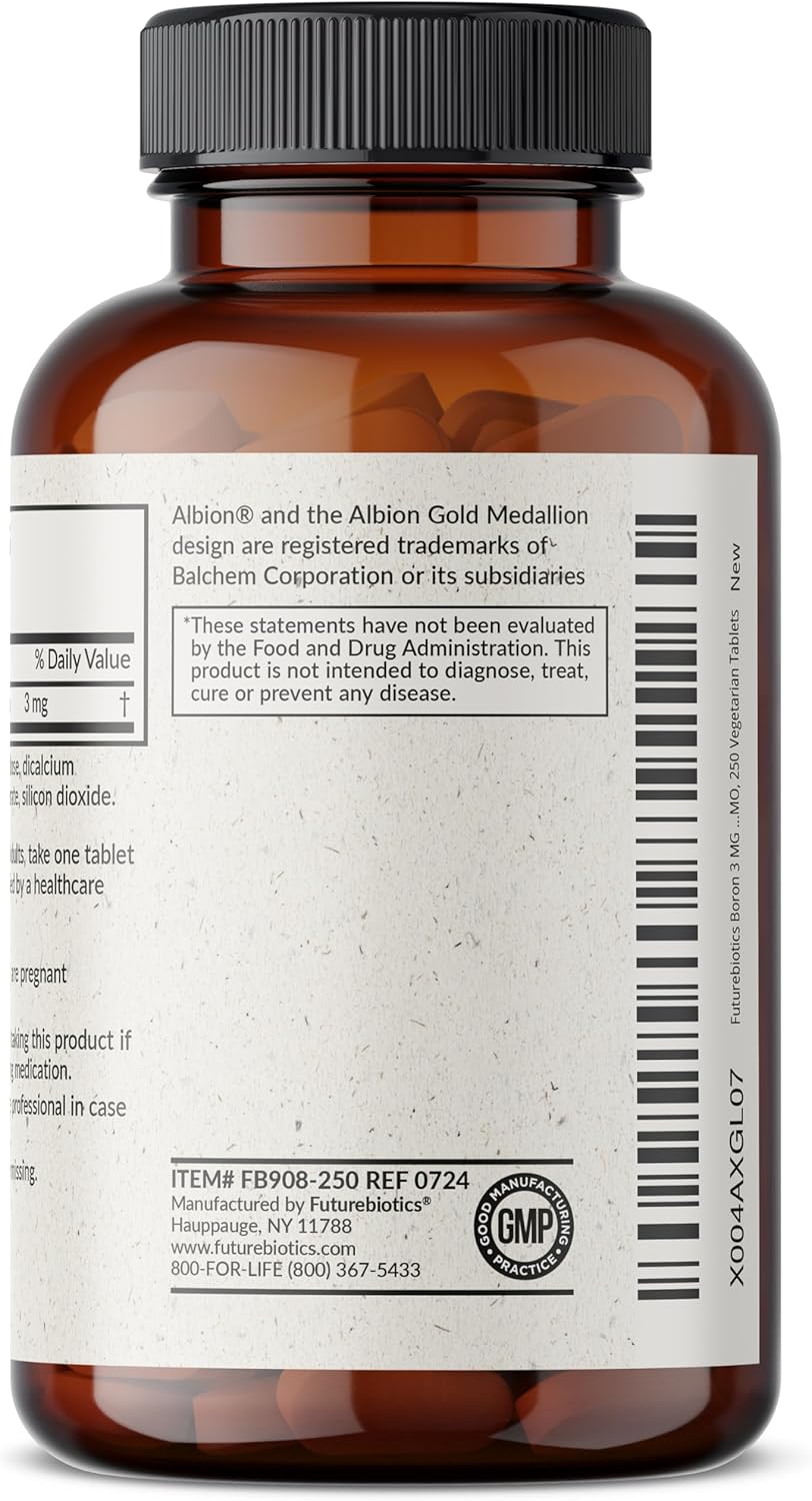Boron 3mg Supplement, Vegetarian Formula for Enhanced Absorption, Non-GMO, 250 Tablets