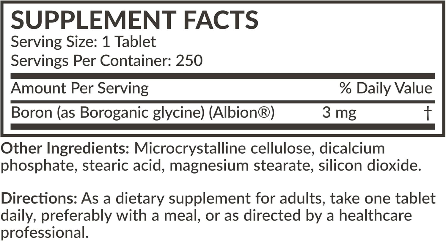 Boron 3mg Supplement, Vegetarian Formula for Enhanced Absorption, Non-GMO, 250 Tablets