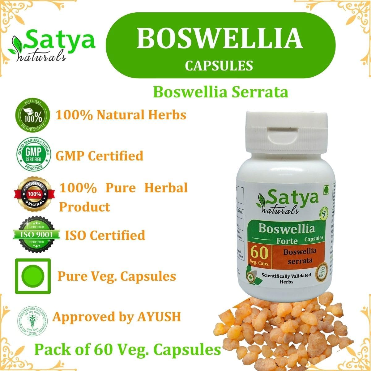 Boswellia Forte Capsules 500mg - Ayurvedic Herbal Supplement for Men and Women - 4 Bottles of 60 Capsules - Satya Naturals