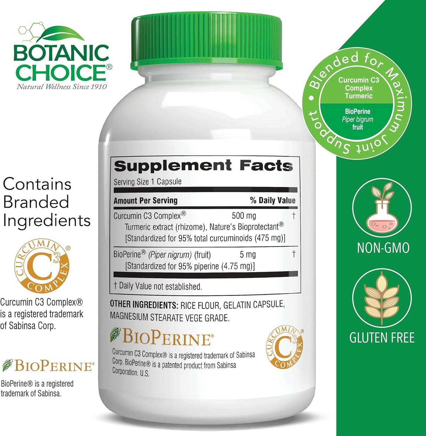 Botanic Choice Curcumin C3 Complex with Bioperine - 30 Daily Supplement Capsules for Adults