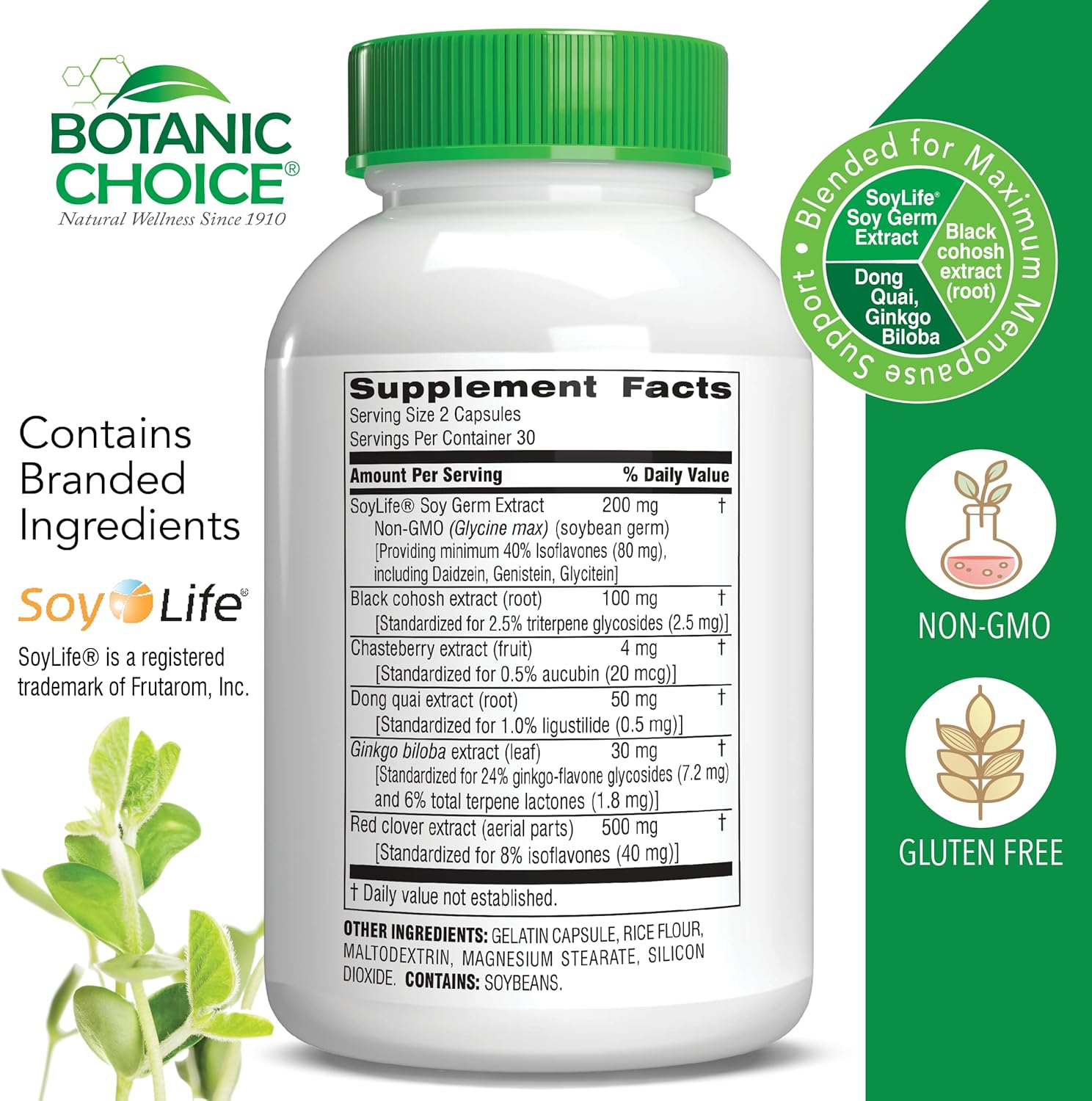 Botanic Choice Menopause Hot Flash Relief Supplement with Black Cohosh, Soy, Red Clover - 60 Capsules
