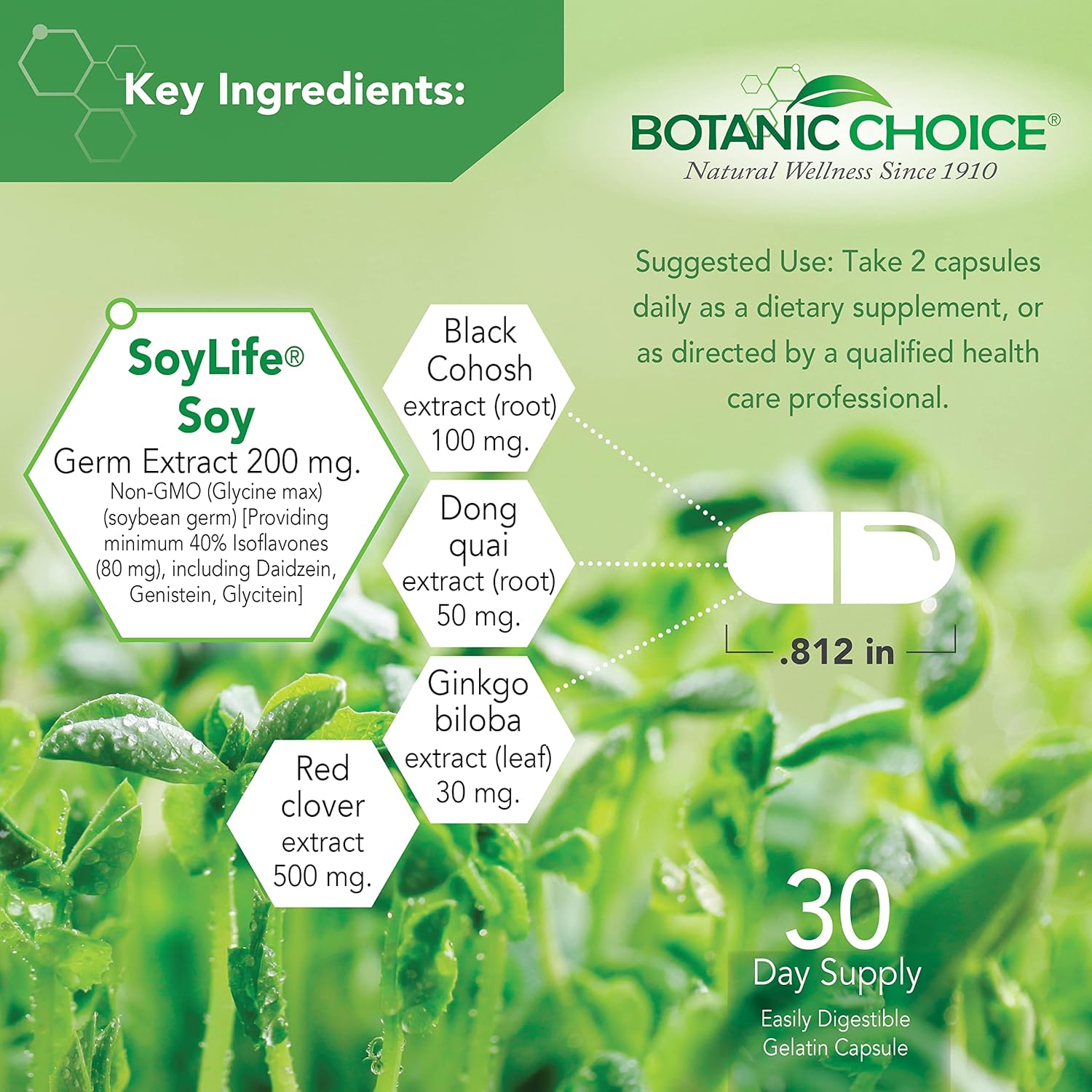 Botanic Choice Menopause Hot Flash Relief Supplement with Black Cohosh, Soy, Red Clover - 60 Capsules