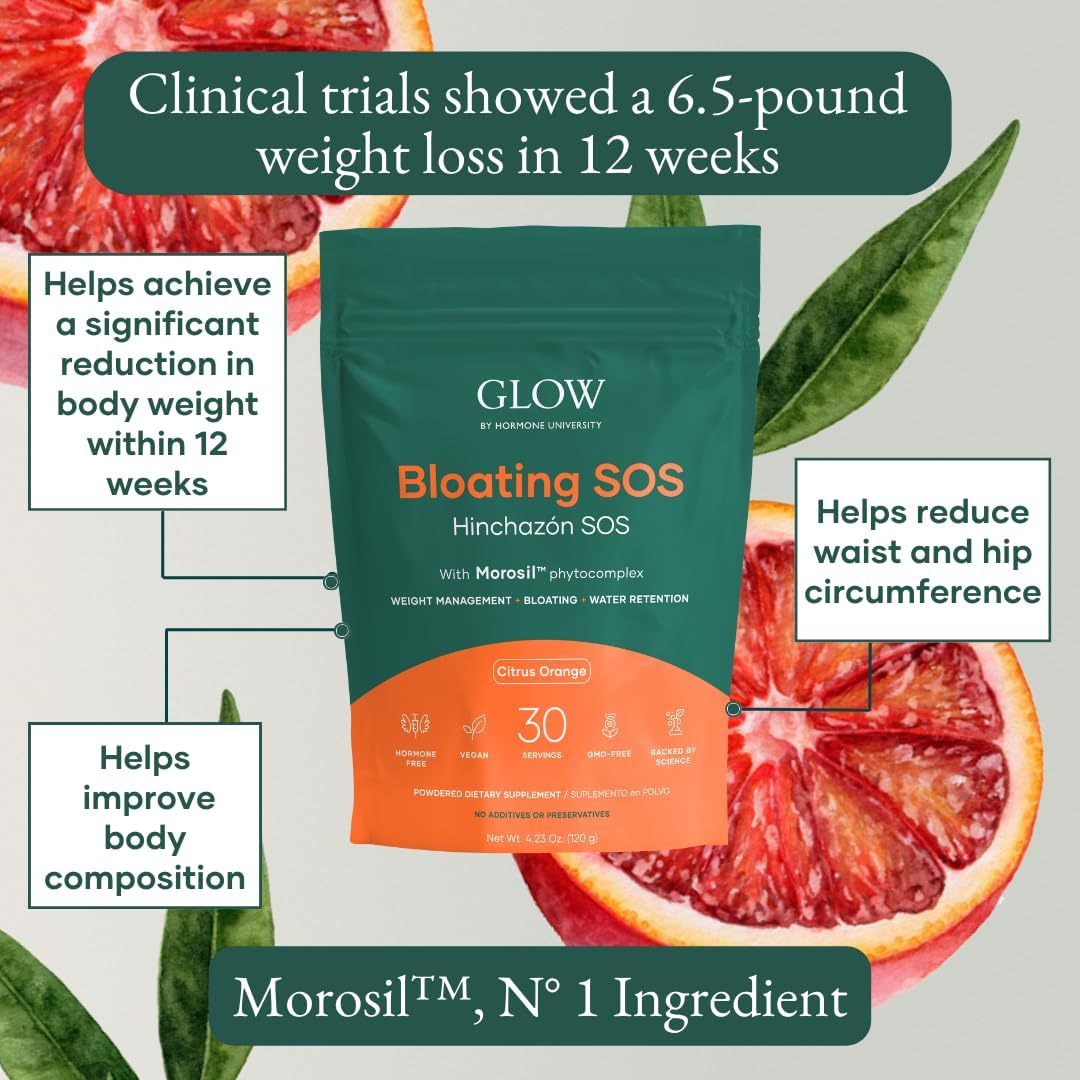 Botanical Glow Bloating Relief Powder for Women - 4.23 Oz with Morosil & Digestive Enzymes for Water Retention, Metabolism, and Gut Health - Citrus Orange Flavor