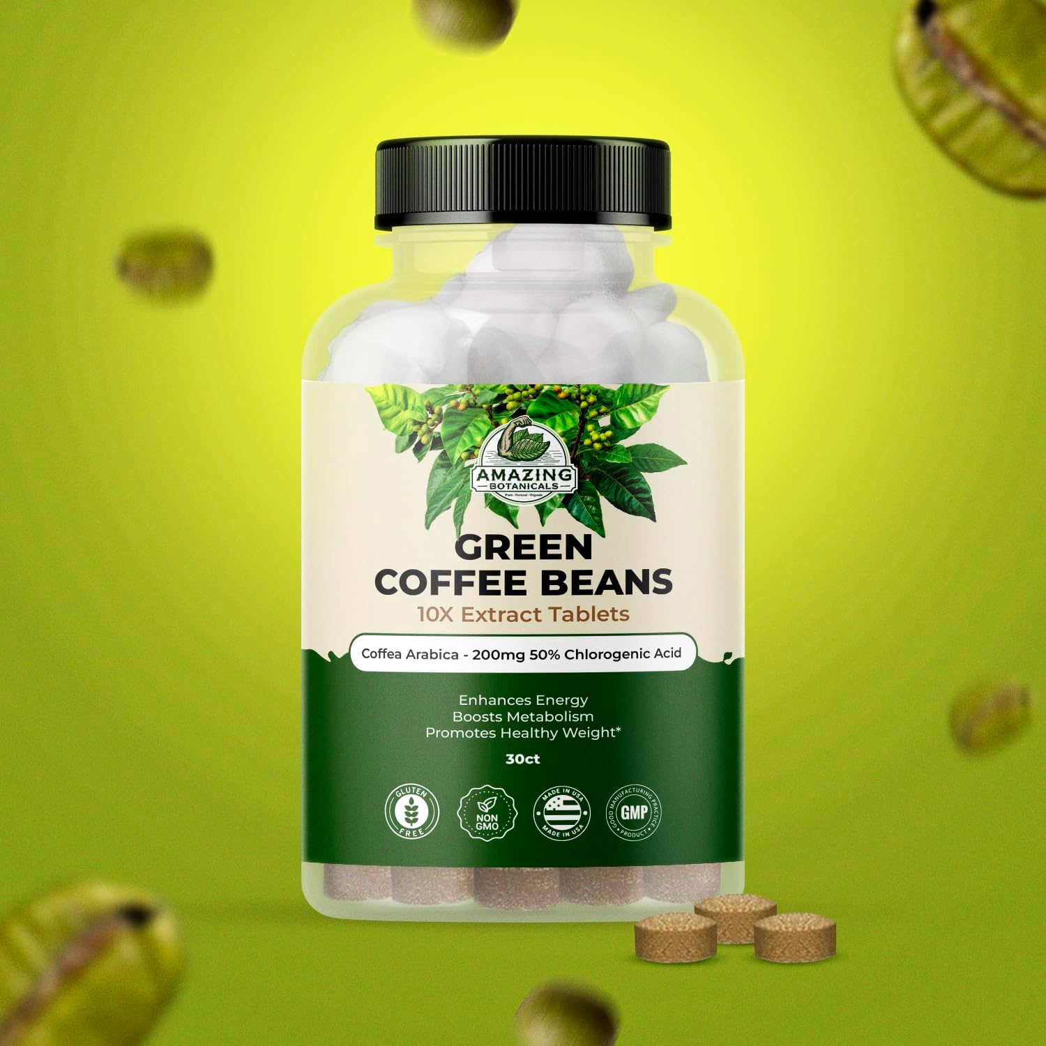 Botanicals Green Coffee Bean Extract Tablets - 200mg 50% Chlorogenic Acid - 30 Count - Pure Coffea Arabica