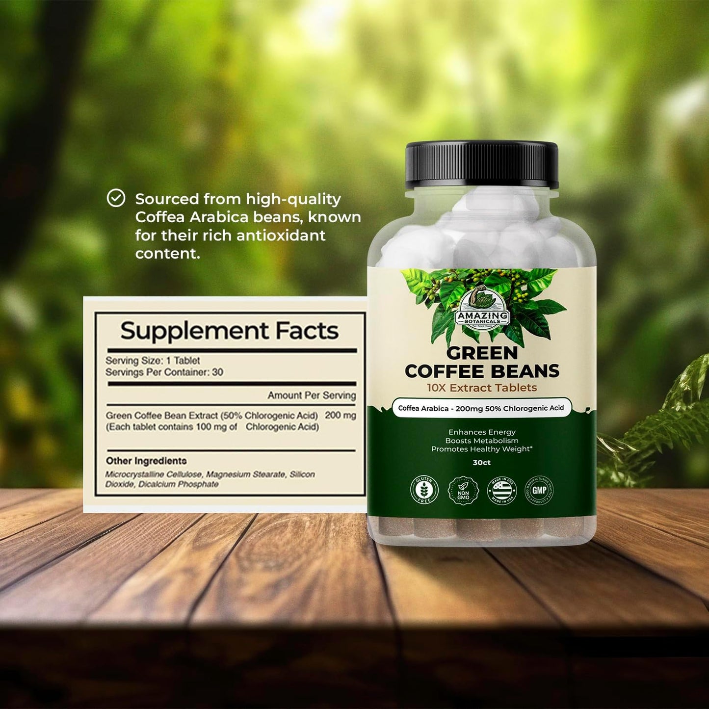 Botanicals Green Coffee Bean Extract Tablets - 200mg 50% Chlorogenic Acid - 30 Count - Pure Coffea Arabica