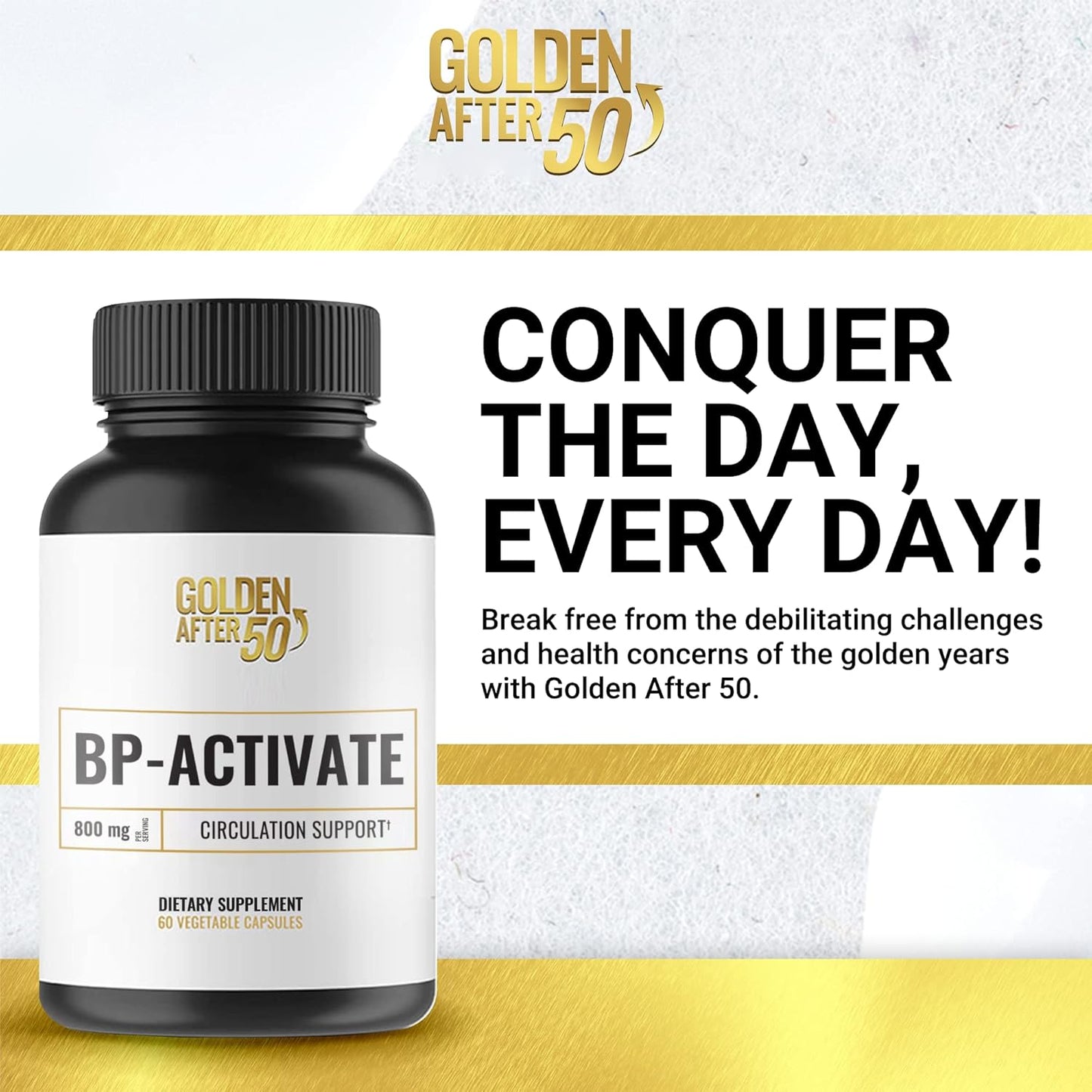 BP-Activate Nitric Oxide Supplement for Heart Health - 60 Capsules with Amino Acids for Blood Circulation - 800mg L Arginine, AAKG, L Citrulline - Golden After 50