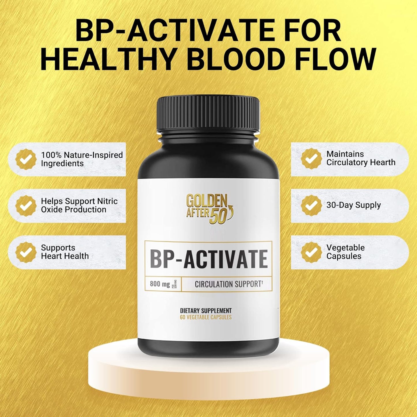 BP-Activate Nitric Oxide Supplement for Heart Health - 60 Capsules with Amino Acids for Blood Circulation - 800mg L Arginine, AAKG, L Citrulline - Golden After 50