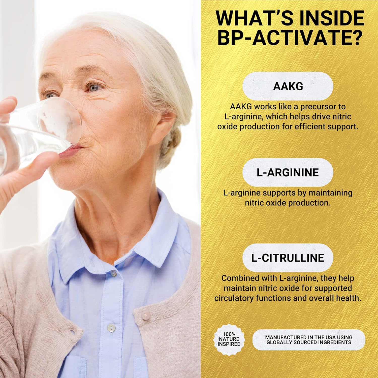 BP-Activate Nitric Oxide Supplement for Heart Health - 60 Capsules with Amino Acids for Blood Circulation - 800mg L Arginine, AAKG, L Citrulline - Golden After 50