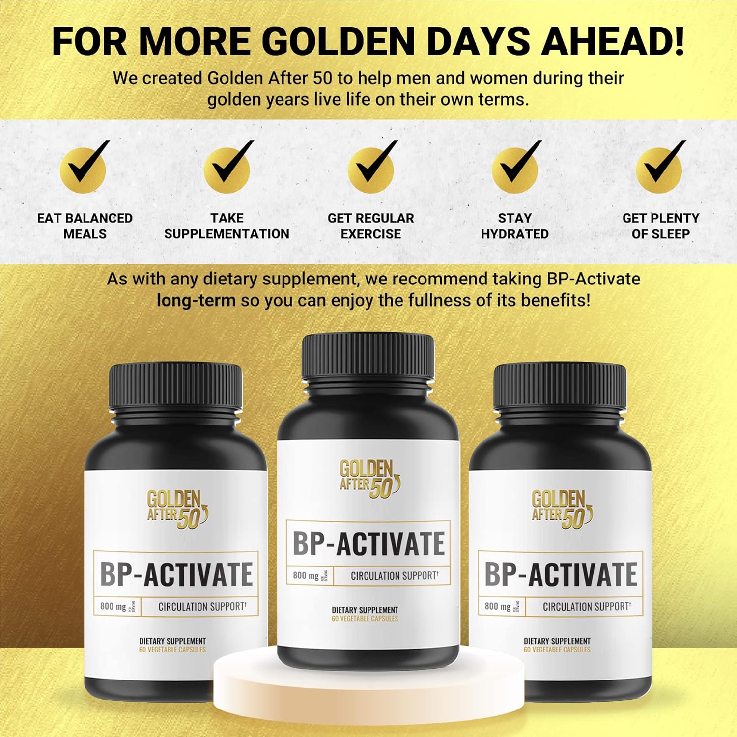BP-Activate Nitric Oxide Supplement for Heart Health - 60 Capsules with Amino Acids for Blood Circulation - 800mg L Arginine, AAKG, L Citrulline - Golden After 50