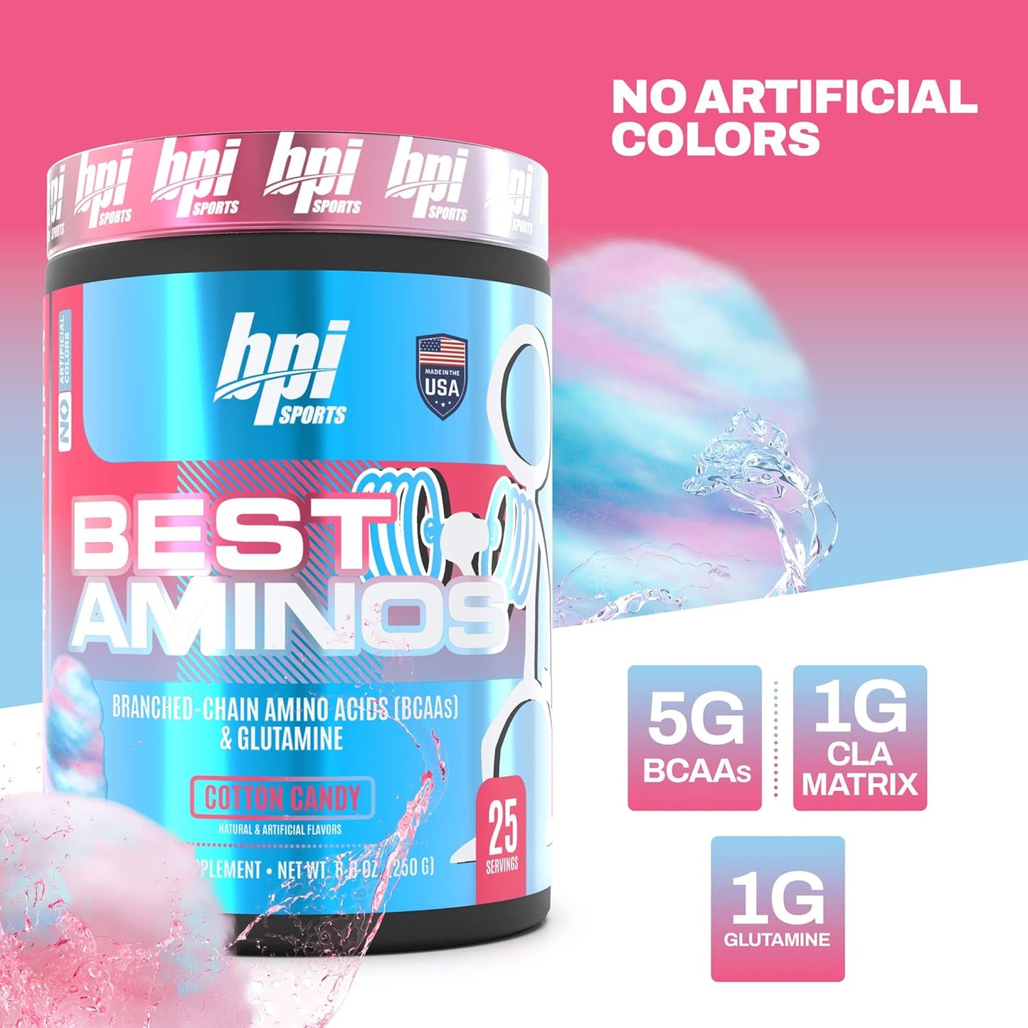 BPI Sports Best Aminos Cotton Candy Flavor - BCAA Powder Post Workout & Glutamine Recovery Drink - 25 Servings for Hydration & Recovery