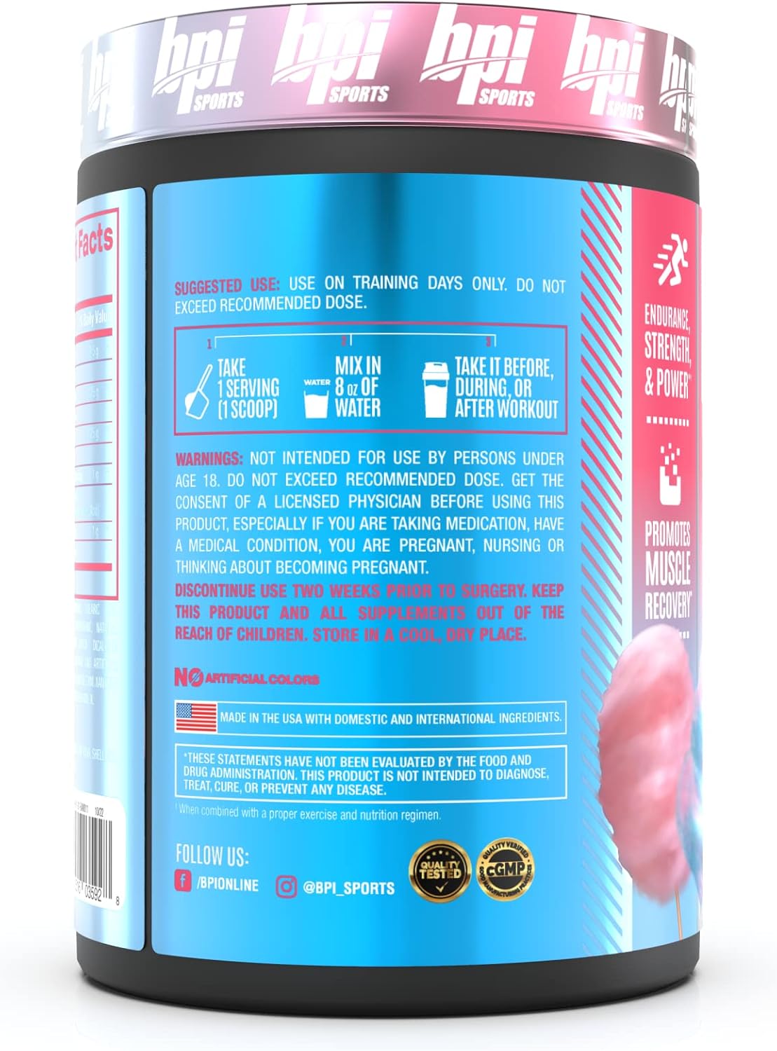 BPI Sports Best Aminos Cotton Candy Flavor - BCAA Powder Post Workout & Glutamine Recovery Drink - 25 Servings for Hydration & Recovery