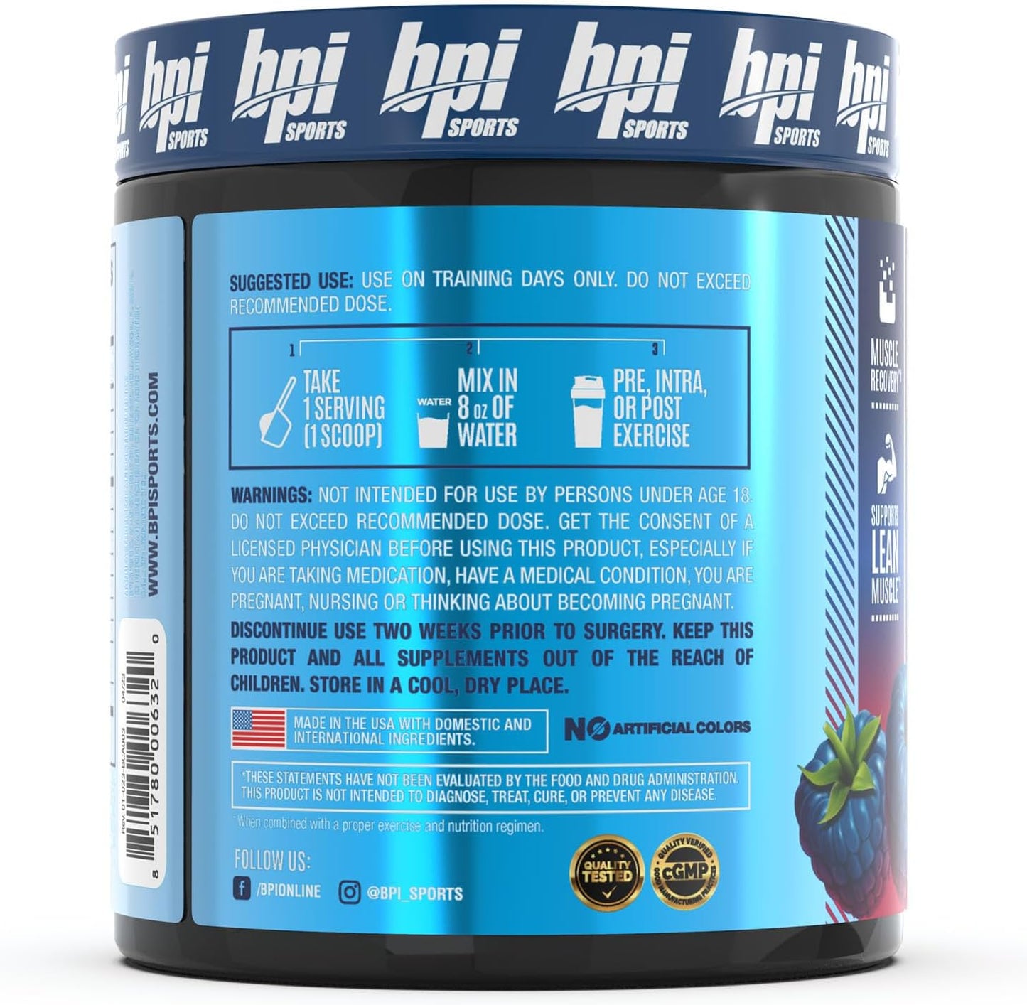 BPI Sports BEST BCAA Powder - Blue Raspberry Flavor for Post Workout Hydration & Recovery - 30 Servings for Men & Women