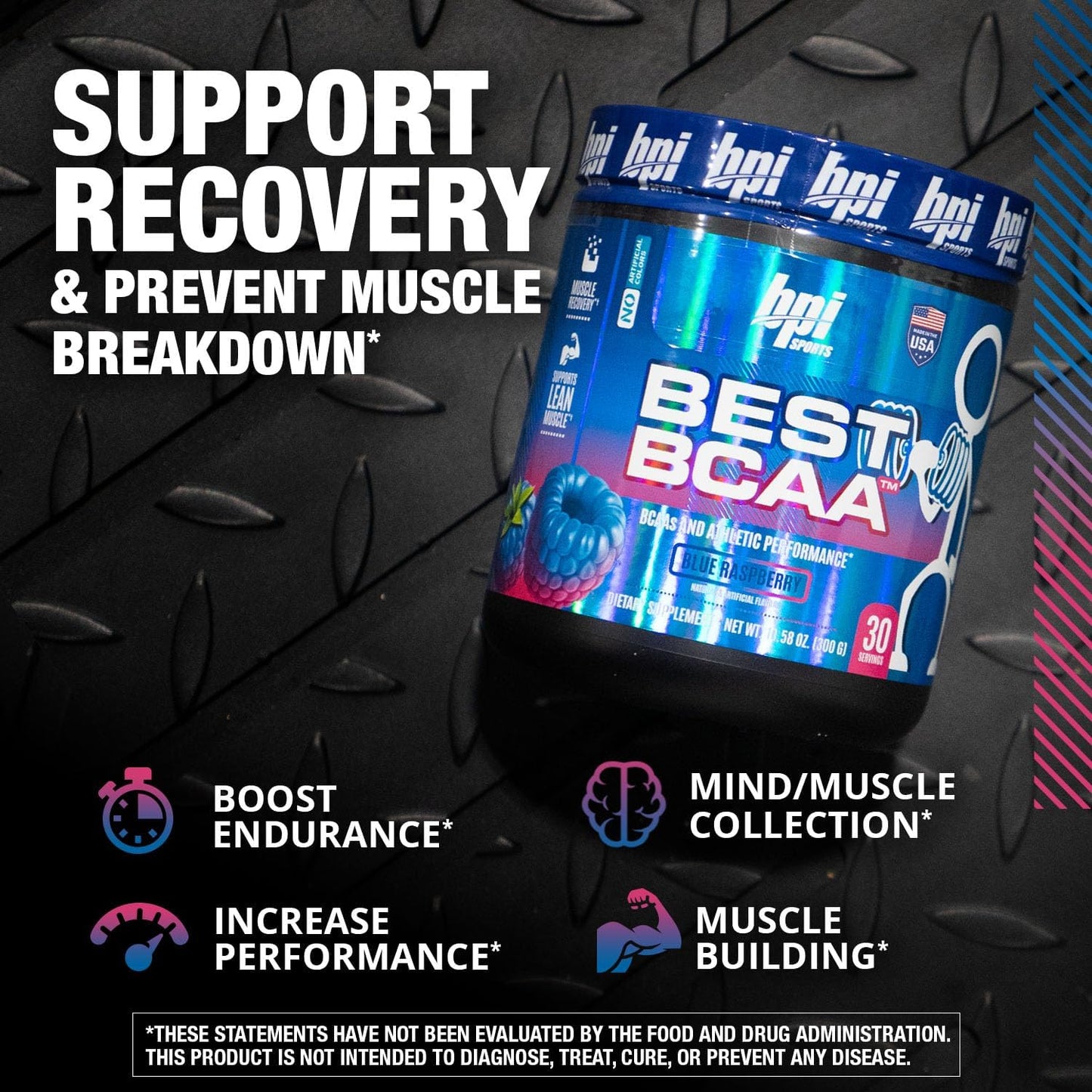 BPI Sports BEST BCAA Powder - Blue Raspberry Flavor for Post Workout Hydration & Recovery - 30 Servings for Men & Women