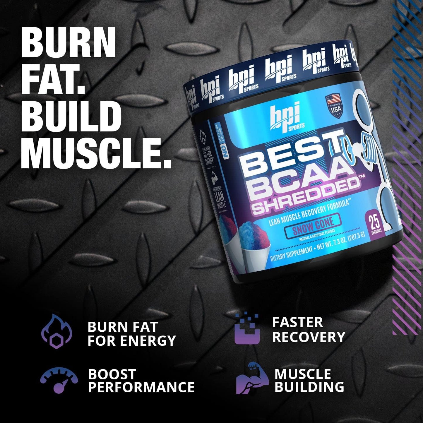 BPI Sports Best BCAA Shredded - Thermogenic Recovery Drink - Caffeine Free - Lean Muscle Building Powder - Preworkout Aminos & Hydration - Snow Cone - 25 Servings