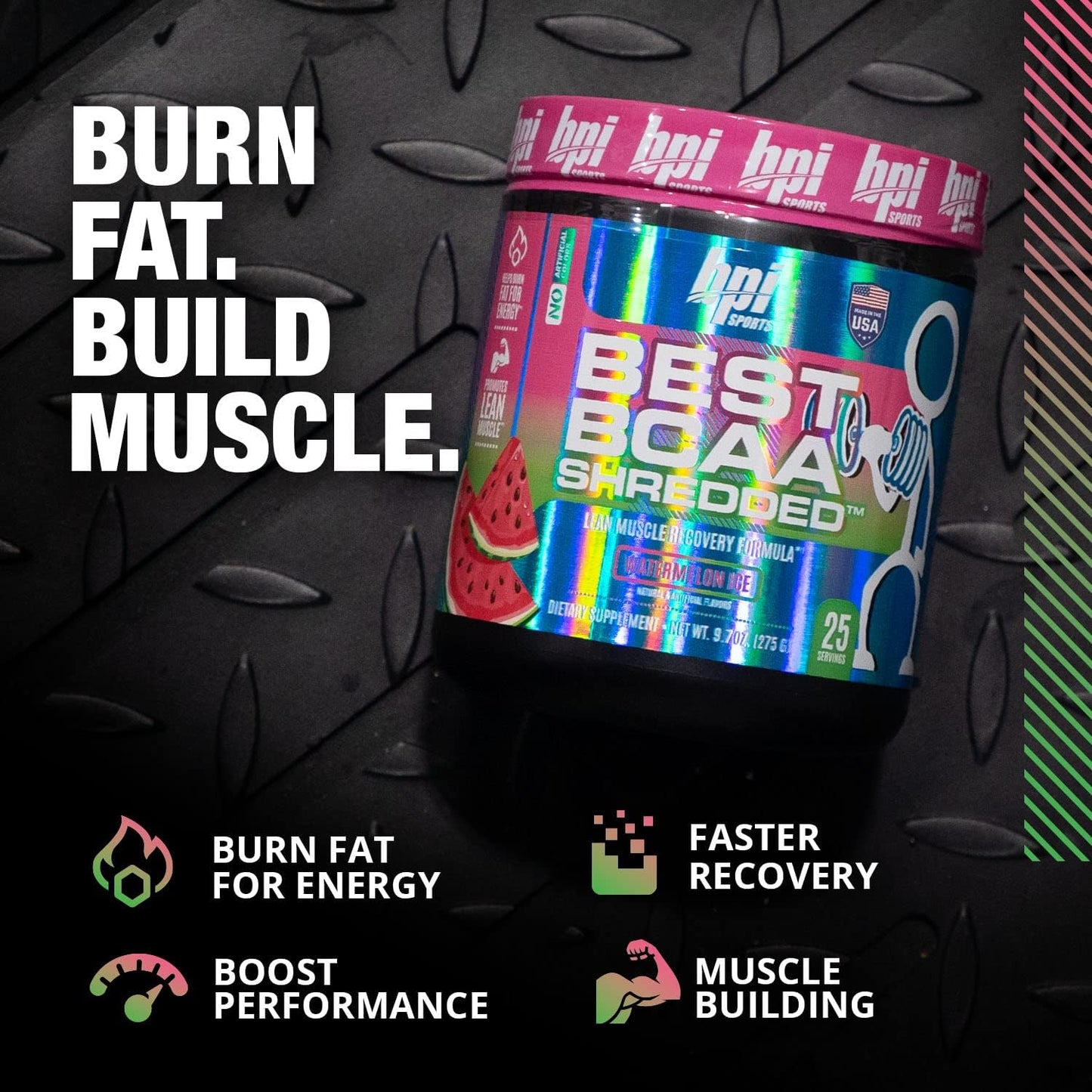 BPI Sports Best BCAA Shredded Watermelon Ice - Fat to Energy, Weight Loss, Lean Muscle, Post-Workout Recovery - 25 Servings