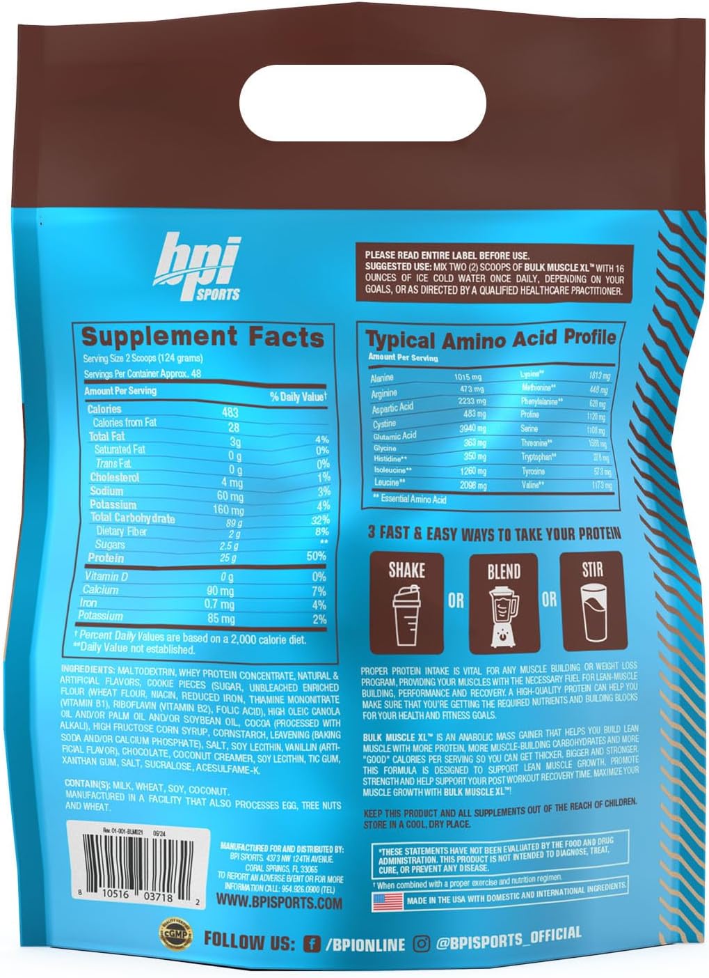 BPI Sports Bulk Muscle XL - Chocolate Cookies & Cream Weight Gainer with 25g Protein, 497 Calories for Muscle Building & Recovery - 13lb Bag