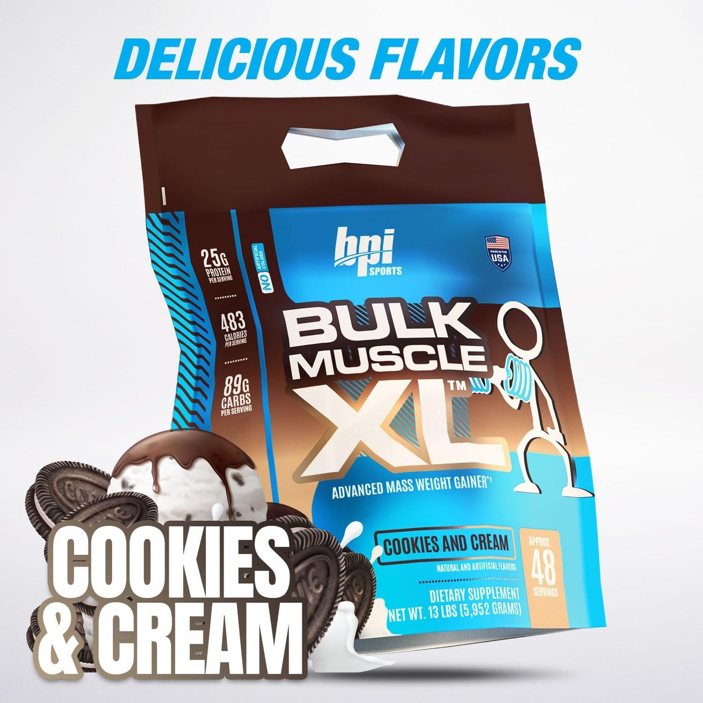 BPI Sports Bulk Muscle XL - Chocolate Cookies & Cream Weight Gainer with 25g Protein, 497 Calories for Muscle Building & Recovery - 13lb Bag