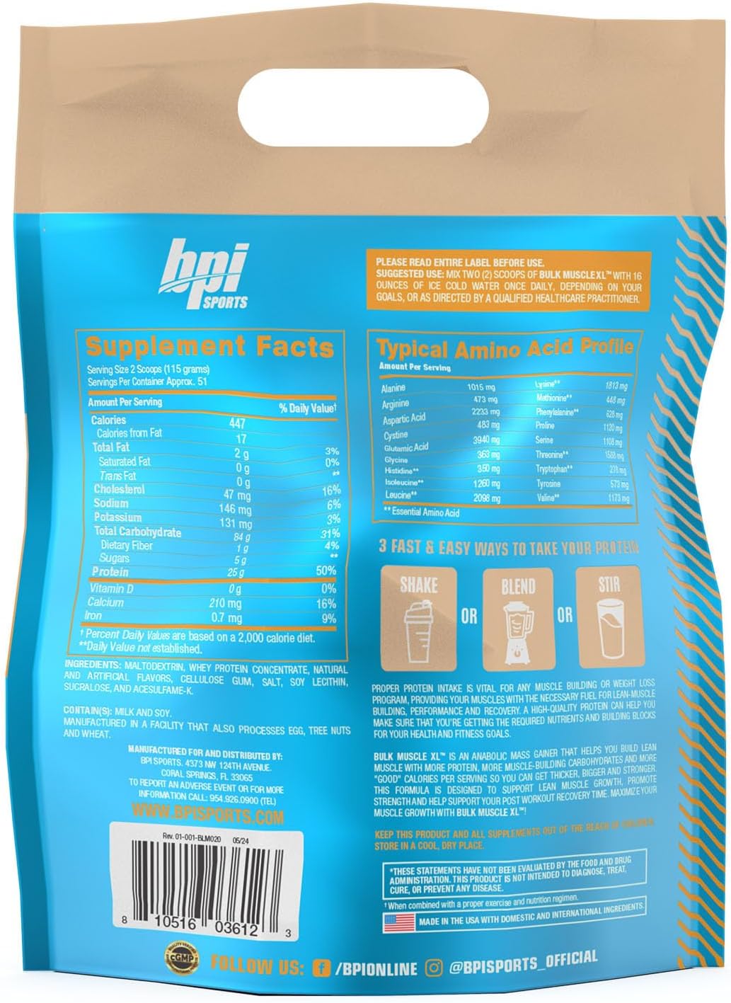 BPI Sports Bulk Muscle XL - High-Calorie Weight Gainer with 25g Protein, Chocolate & Vanilla Flavors, 13lb Bag