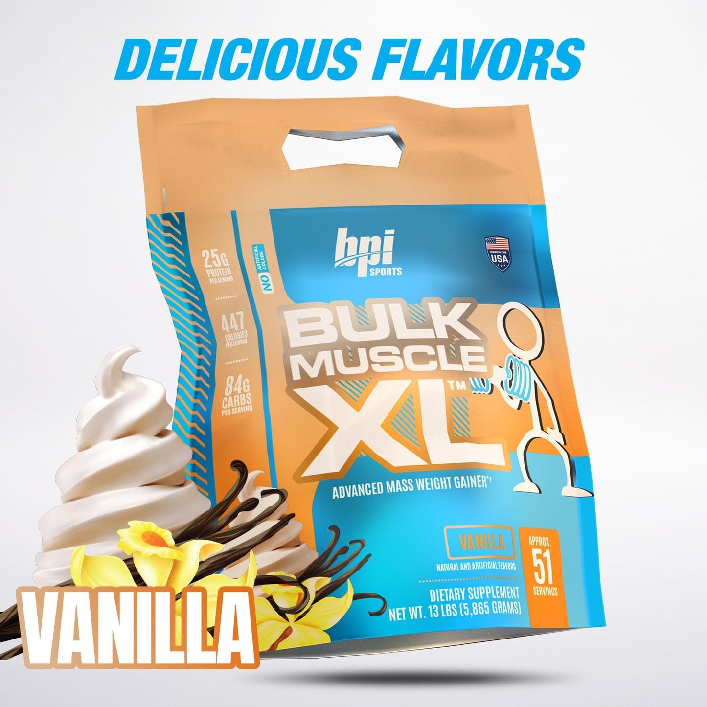 BPI Sports Bulk Muscle XL - High-Calorie Weight Gainer with 25g Protein, Chocolate & Vanilla Flavors, 13lb Bag