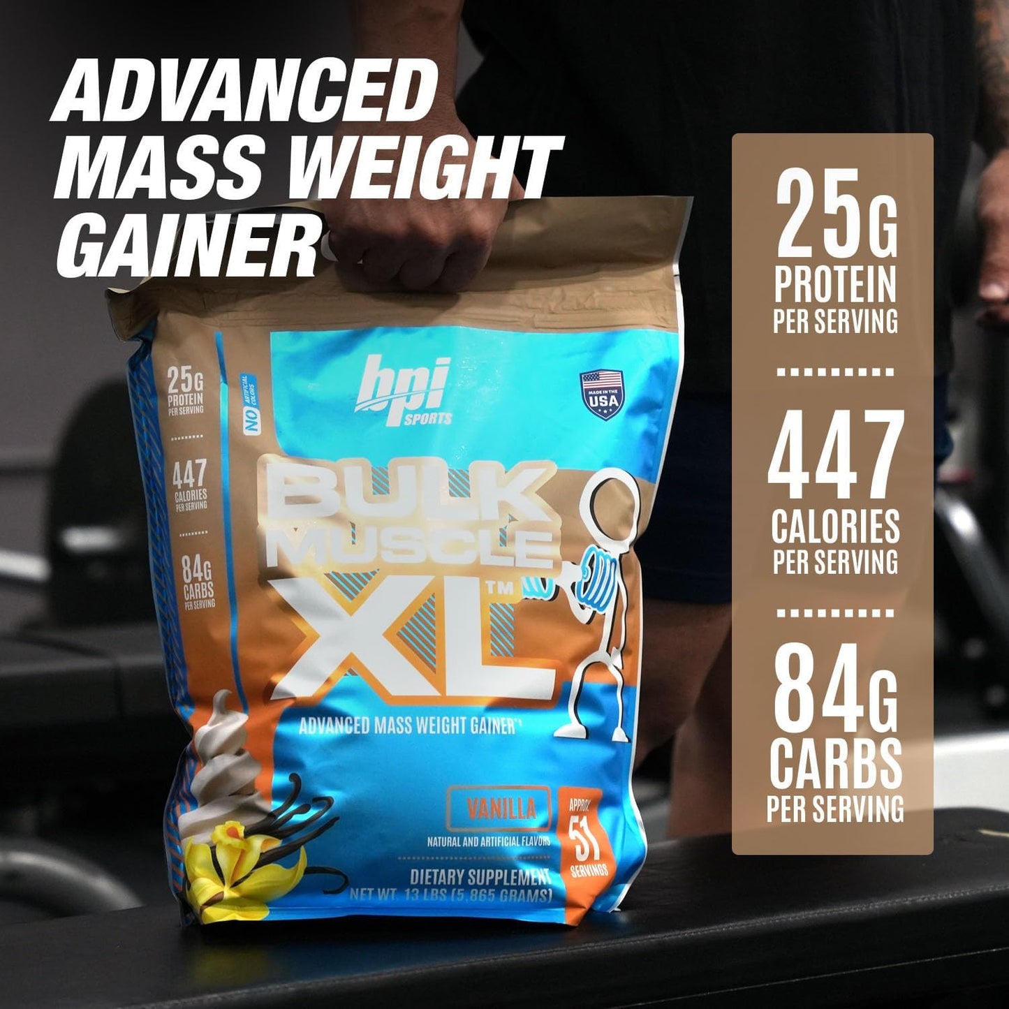 BPI Sports Bulk Muscle XL - High-Calorie Weight Gainer with 25g Protein, Chocolate & Vanilla Flavors, 13lb Bag