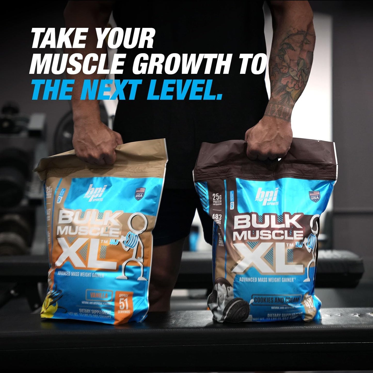 BPI Sports Bulk Muscle XL - High-Calorie Weight Gainer with 25g Protein, Chocolate & Vanilla Flavors, 13lb Bag