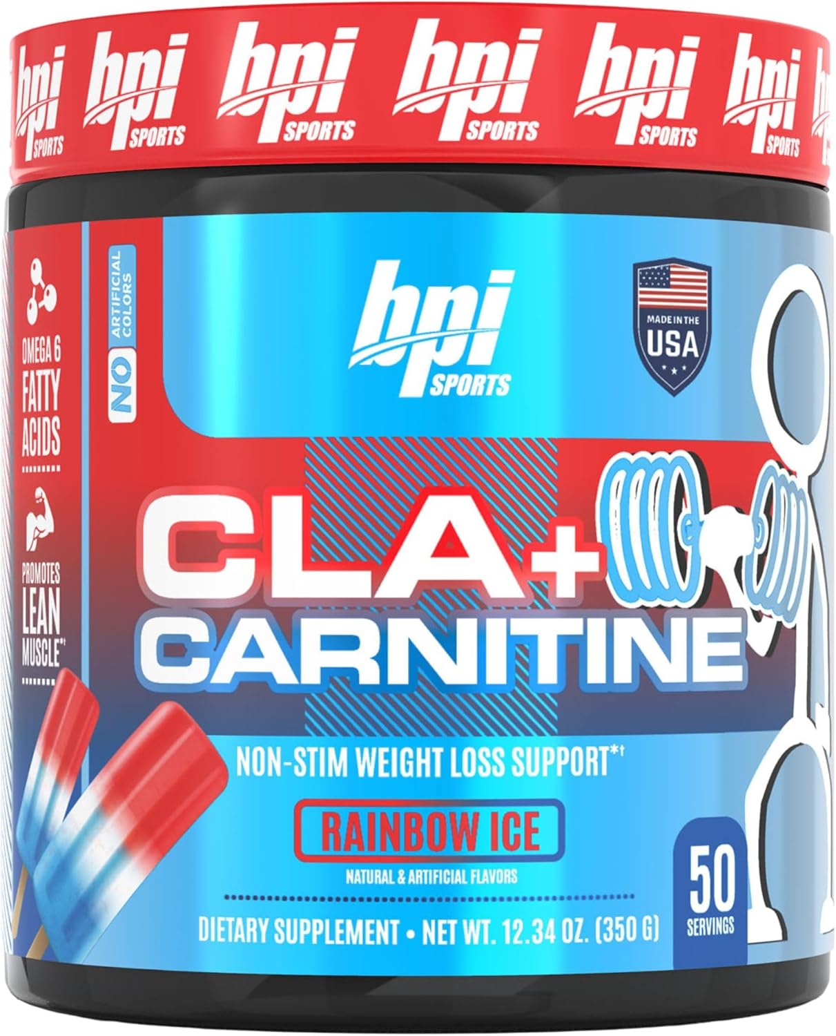 BPI Sports CLA + Carnitine Rainbow Ice Supplement for Lean Muscle & Performance - Caffeine Free for Men & Women - 50 Servings
