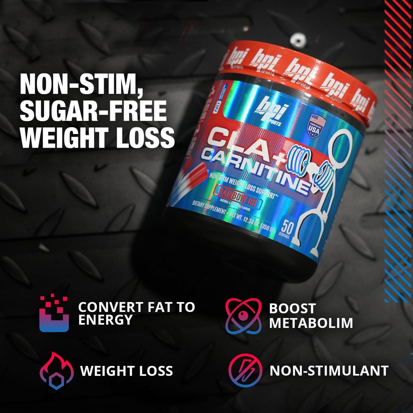 BPI Sports CLA + Carnitine Rainbow Ice Supplement for Lean Muscle & Performance - Caffeine Free for Men & Women - 50 Servings