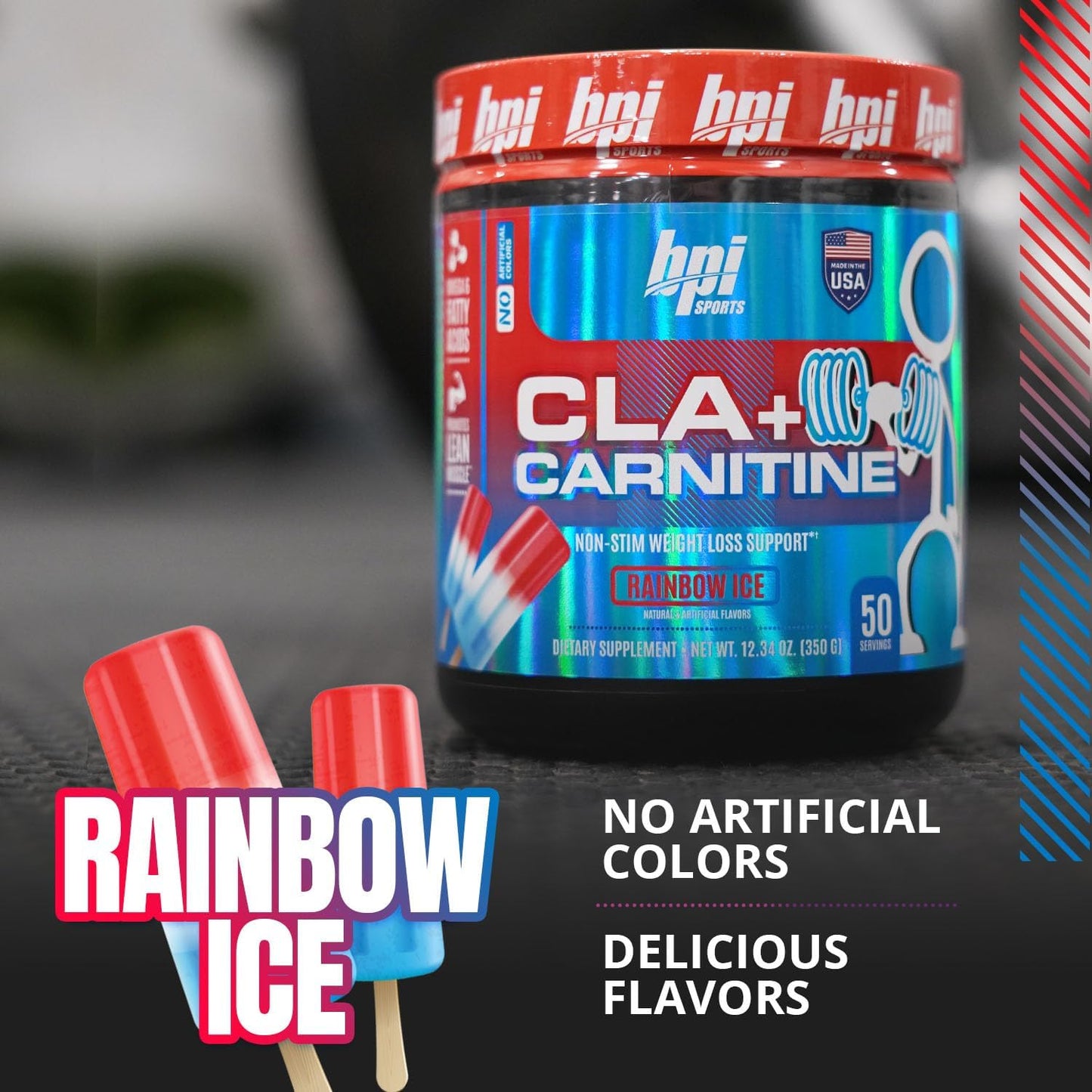 BPI Sports CLA + Carnitine Rainbow Ice Supplement for Lean Muscle & Performance - Caffeine Free for Men & Women - 50 Servings
