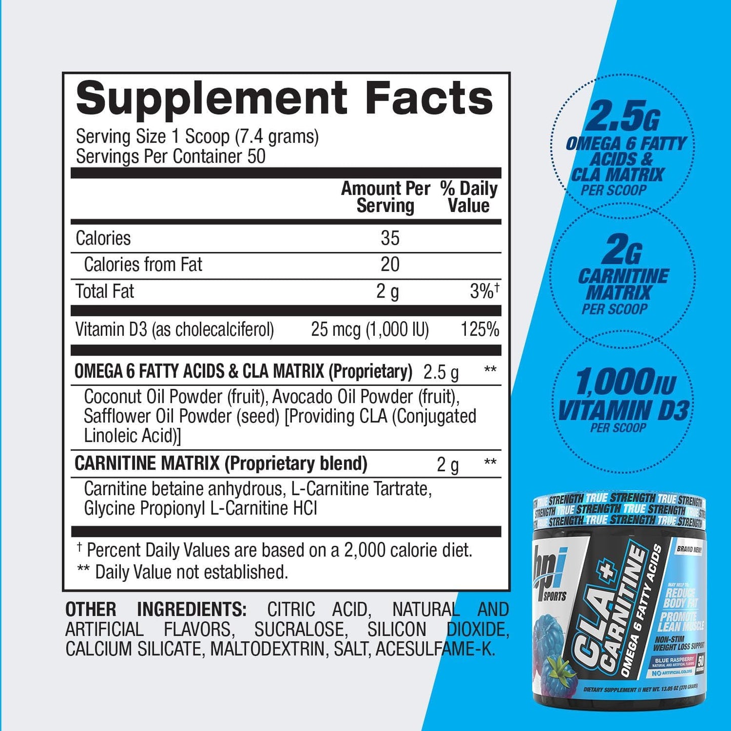 BPI Sports CLA + Carnitine Slimming Formula Formula - Blue Raspberry Flavor - 50 Servings - 12.34 oz - Metabolism Boost & Lean Muscle Support