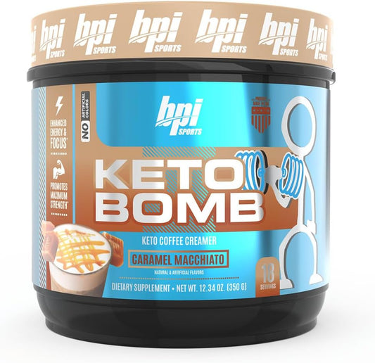 BPI Sports Keto Bomb Coffee Creamer with MCT and Electrolytes - Calcium Enriched Caramel Macchiato Flavor - Supports Energy and Hydration - 18 Servings
