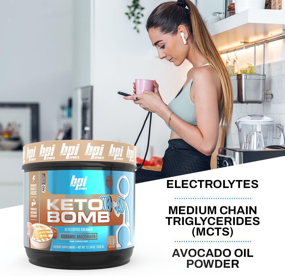 BPI Sports Keto Bomb Coffee Creamer with MCT and Electrolytes - Calcium Enriched Caramel Macchiato Flavor - Supports Energy and Hydration - 18 Servings