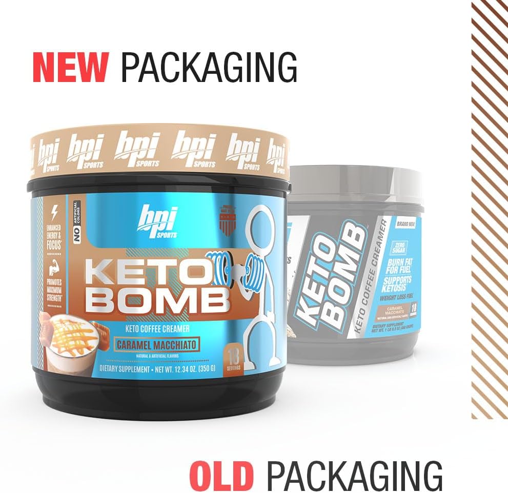 BPI Sports Keto Bomb Coffee Creamer with MCT and Electrolytes - Calcium Enriched Caramel Macchiato Flavor - Supports Energy and Hydration - 18 Servings