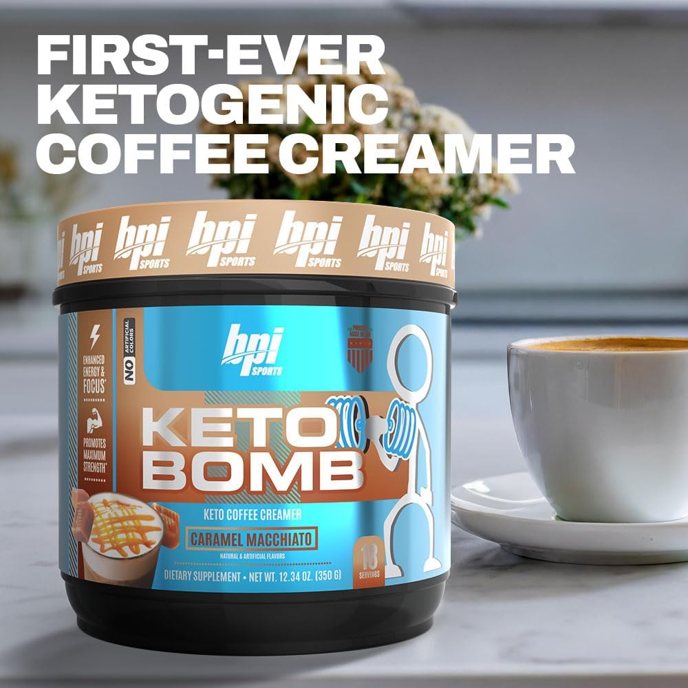 BPI Sports Keto Bomb Coffee Creamer with MCT and Electrolytes - Calcium Enriched Caramel Macchiato Flavor - Supports Energy and Hydration - 18 Servings