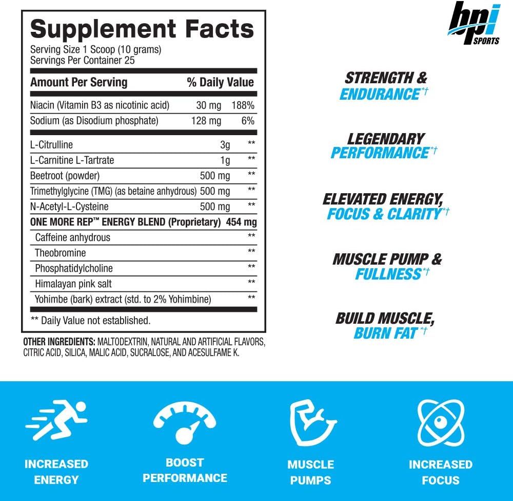 BPI Sports One More Rep Pre Workout Powder - Raspberry Tea Flavor - 25 Servings - With Caffeine, L-Citrulline, Carnitine, and Beetroot - Boost Energy, Strength, and Focus for Men and Women