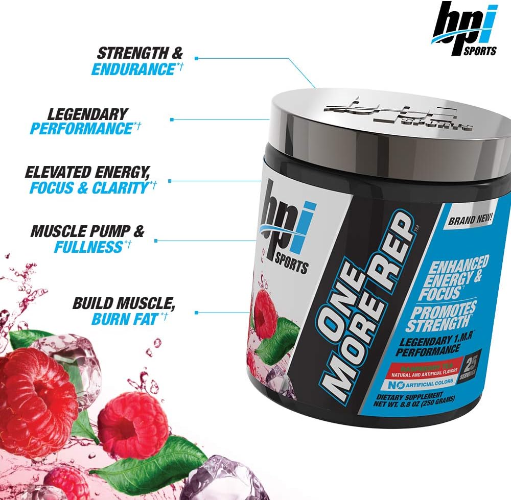 BPI Sports One More Rep Pre Workout Powder - Raspberry Tea Flavor - 25 Servings - With Caffeine, L-Citrulline, Carnitine, and Beetroot - Boost Energy, Strength, and Focus for Men and Women