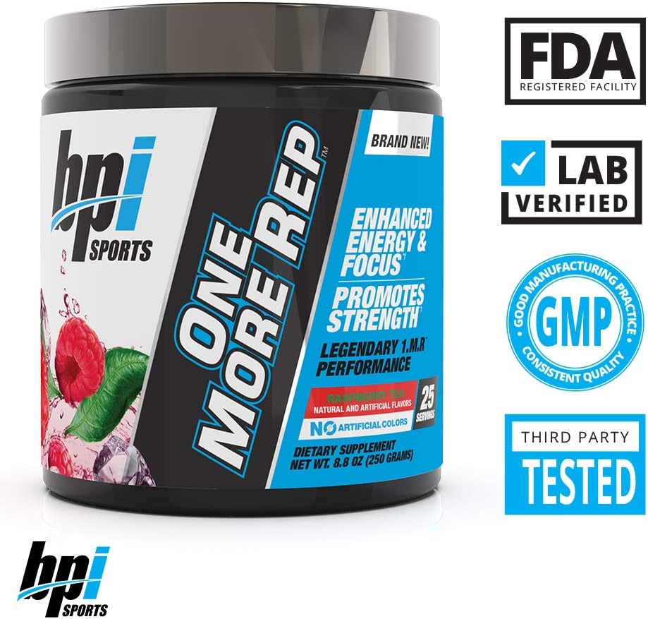 BPI Sports One More Rep Pre Workout Powder - Raspberry Tea Flavor - 25 Servings - With Caffeine, L-Citrulline, Carnitine, and Beetroot - Boost Energy, Strength, and Focus for Men and Women