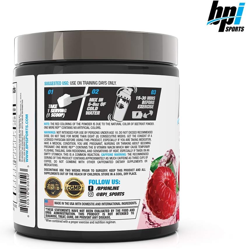 BPI Sports One More Rep Pre Workout Powder - Raspberry Tea Flavor - 25 Servings - With Caffeine, L-Citrulline, Carnitine, and Beetroot - Boost Energy, Strength, and Focus for Men and Women