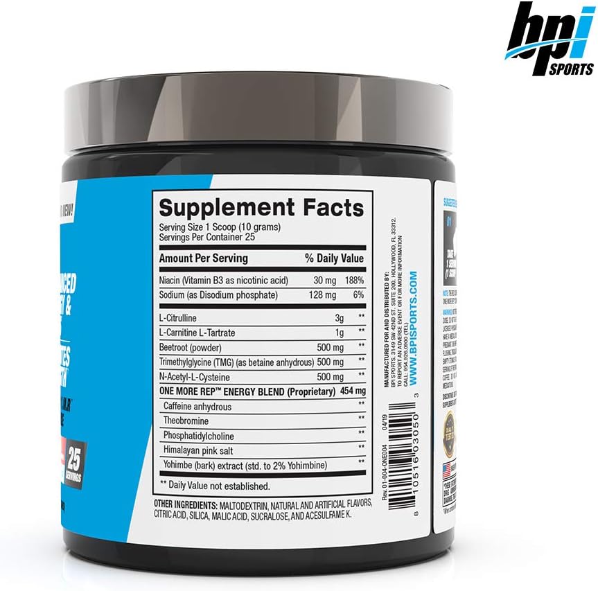 BPI Sports One More Rep Pre Workout Powder - Raspberry Tea Flavor - 25 Servings - With Caffeine, L-Citrulline, Carnitine, and Beetroot - Boost Energy, Strength, and Focus for Men and Women