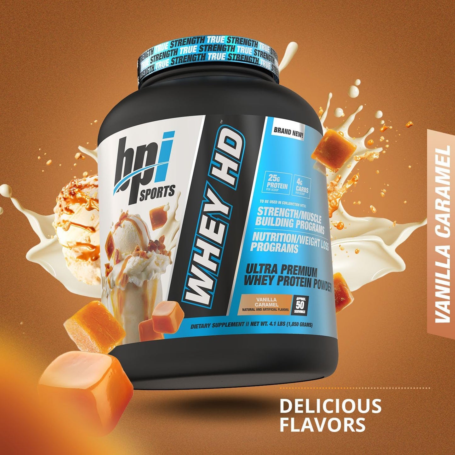BPI Sports Whey HD Ultra Premium Protein Powder, 4.1 lb, Vanilla Caramel Flavor - Boost Muscle Growth and Recovery