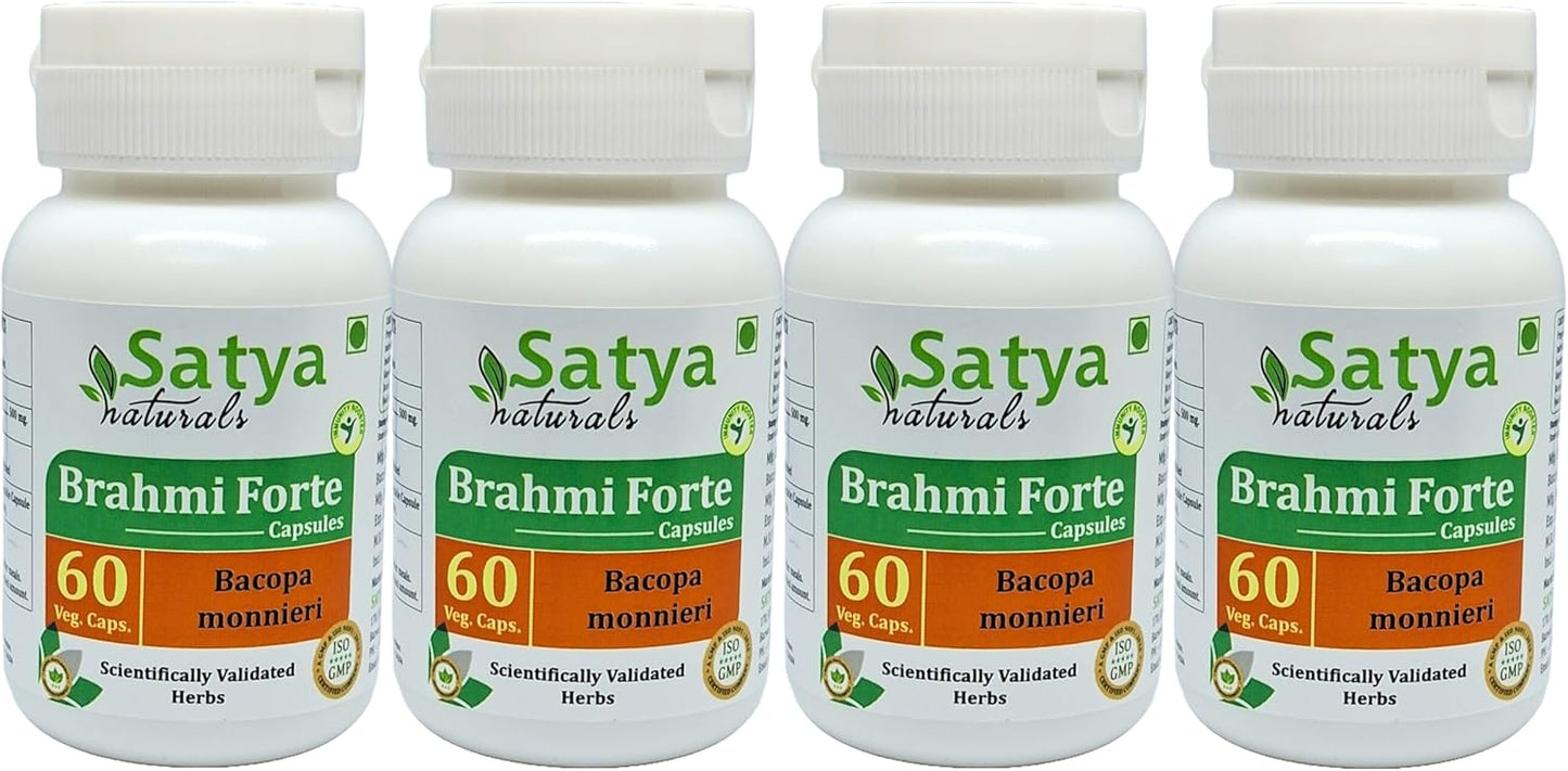 Brahmi Forte Capsules 500mg - Ayurvedic Herbal Supplement for Men and Women - 4 Bottles of 60 Veg Capsules - Satya Naturals