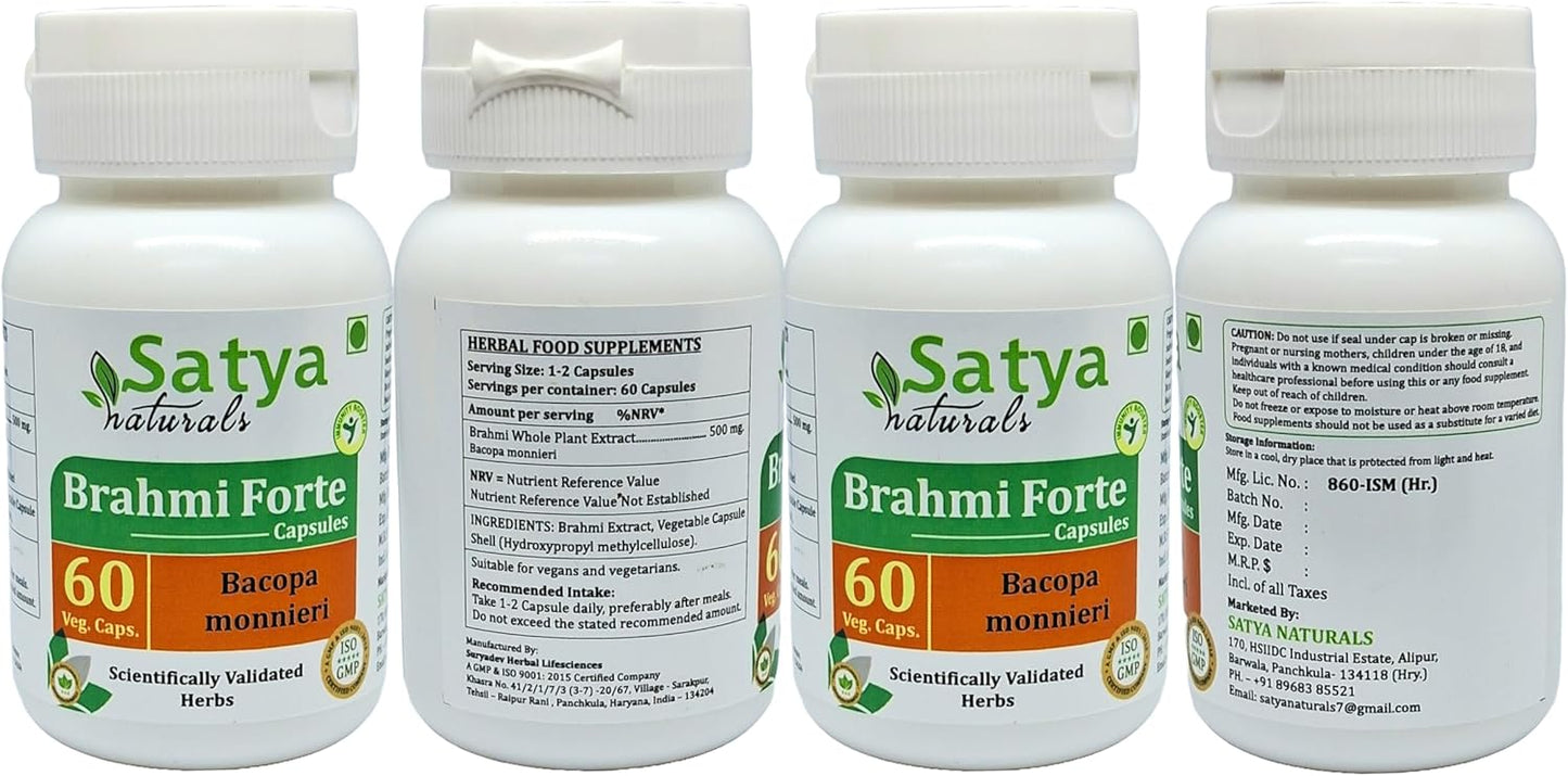 Brahmi Forte Capsules 500mg - Ayurvedic Herbal Supplement for Men and Women - 4 Bottles of 60 Veg Capsules - Satya Naturals
