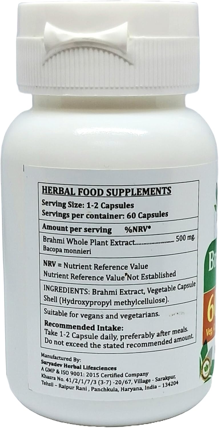 Brahmi Forte Capsules 500mg - Ayurvedic Herbal Supplement for Men and Women - 4 Bottles of 60 Veg Capsules - Satya Naturals