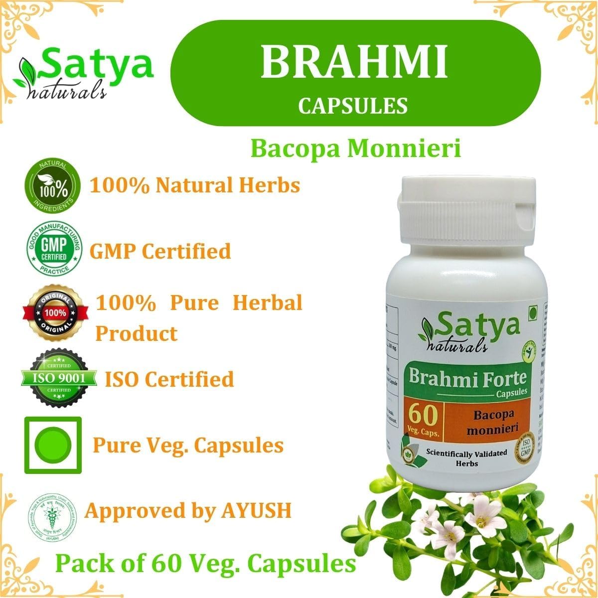 Brahmi Forte Capsules 500mg - Ayurvedic Herbal Supplement for Men and Women - 4 Bottles of 60 Veg Capsules - Satya Naturals