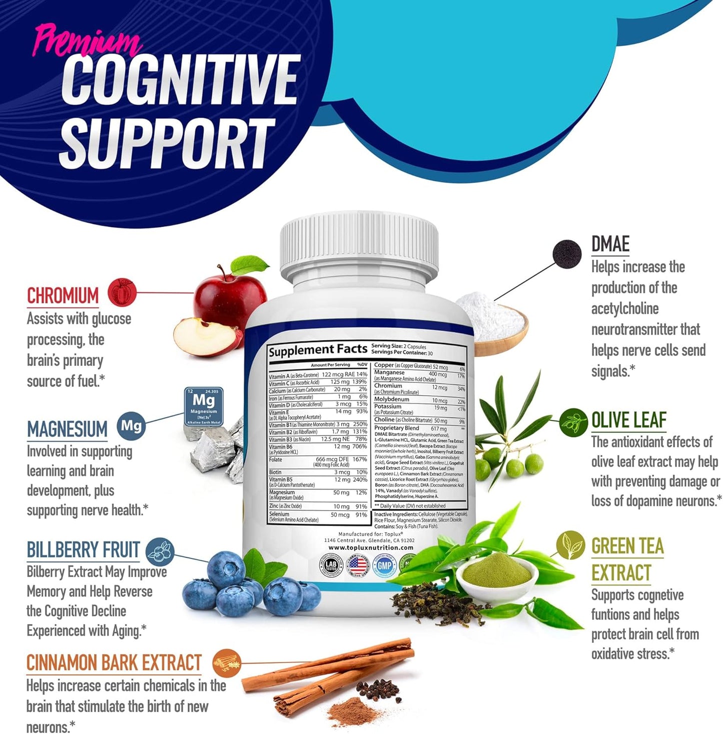 Brain Boosting Nootropic Supplement with DMAE, Bacopa Monnieri, L-Gutamine - 60 Capsules for Men and Women - Cognitive Support and Nutrition