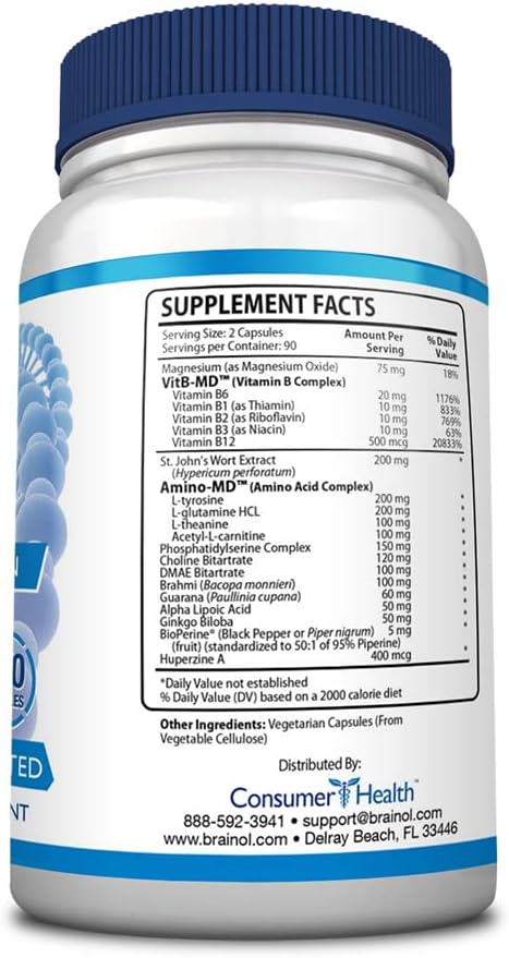 Brain Boosting Nootropic with DMAE, Huperzine A, BioPerine - Enhance Mental Performance, Focus and Clarity - Vegan-Friendly - 180 Capsules - 3 Month Supply