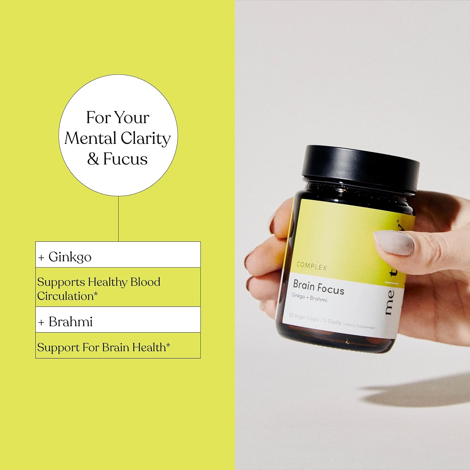 Brain Focus Supplement for Adults with Ginkgo & Brahmi - 60 Vegan Capsules for Mental Clarity