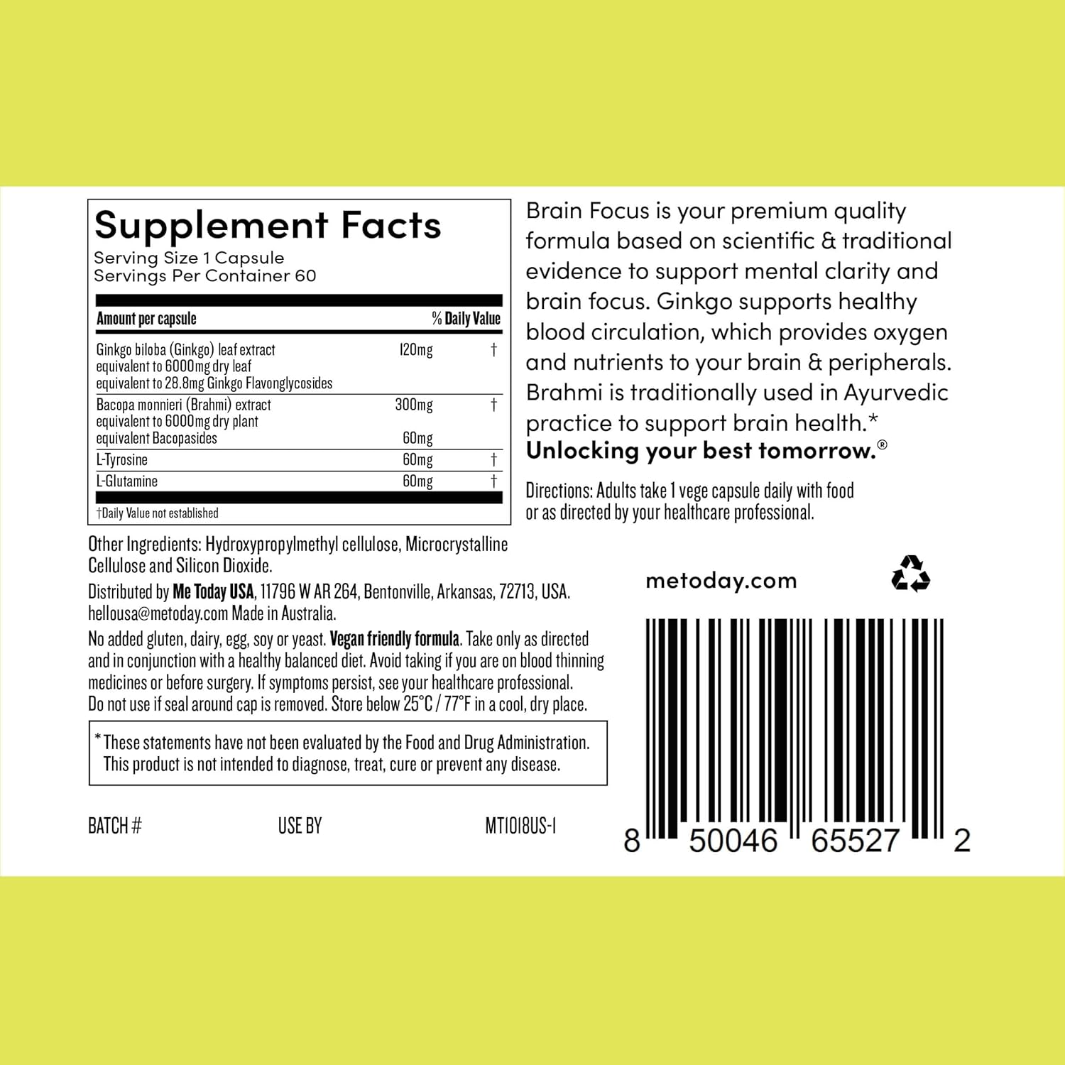 Brain Focus Supplement for Adults with Ginkgo & Brahmi - 60 Vegan Capsules for Mental Clarity