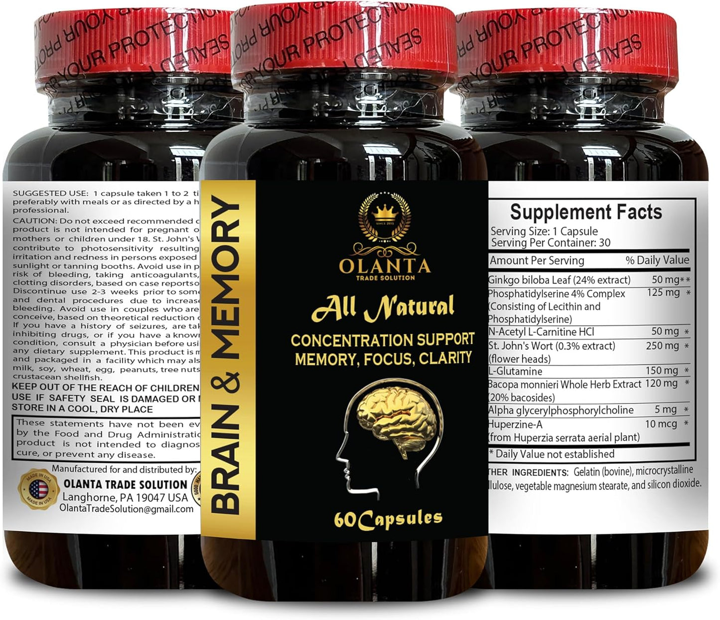 Brain Memory Support Supplement for Adults - Cognitive Enhancement with Memory and Focus Vitamins - 30 Capsules