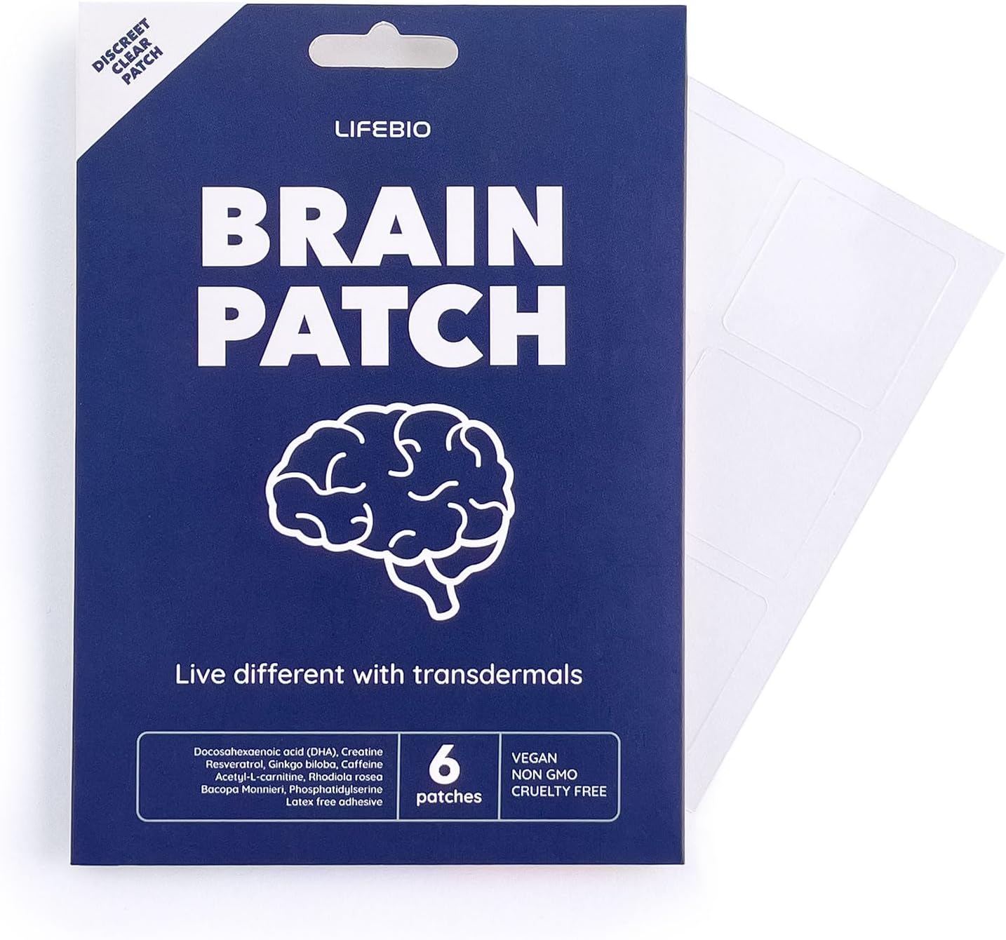 Brain Power Patch with DHA, Bacopa Monnieri, Phosphatidylserine, Caffeine, Resveratrol, Ginkgo Biloba, Creatine, Acetyl-L-Carnitine, Rhodiola - 6 Patches