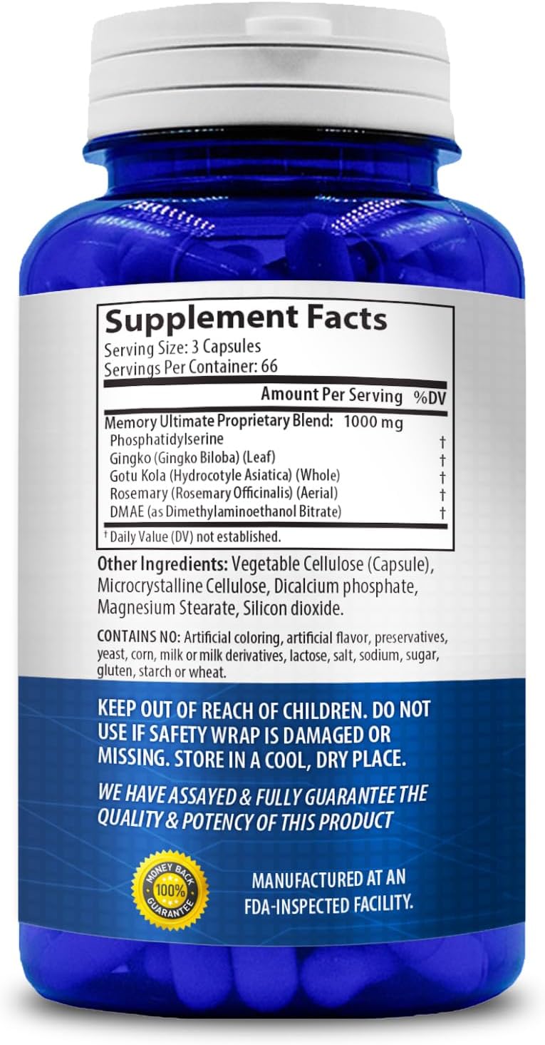 Brain Support Memory Supplement with Phosphatidylserine, Ginkgo Biloba, DMAE, Rosemary, and Gotu Kola - 66 Day Supply - Made in the USA